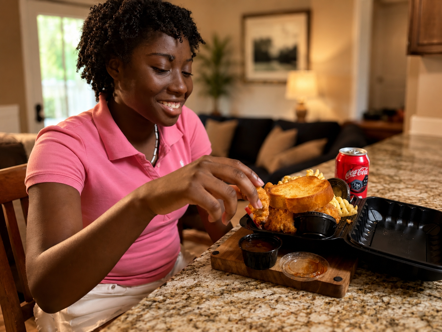 Customer enjoying a Late Nite Bites tender box at home
